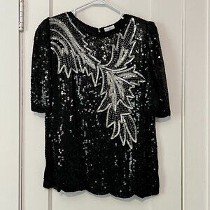 Stenay 100% silk black silver sequined blouse size small 80s statement costume